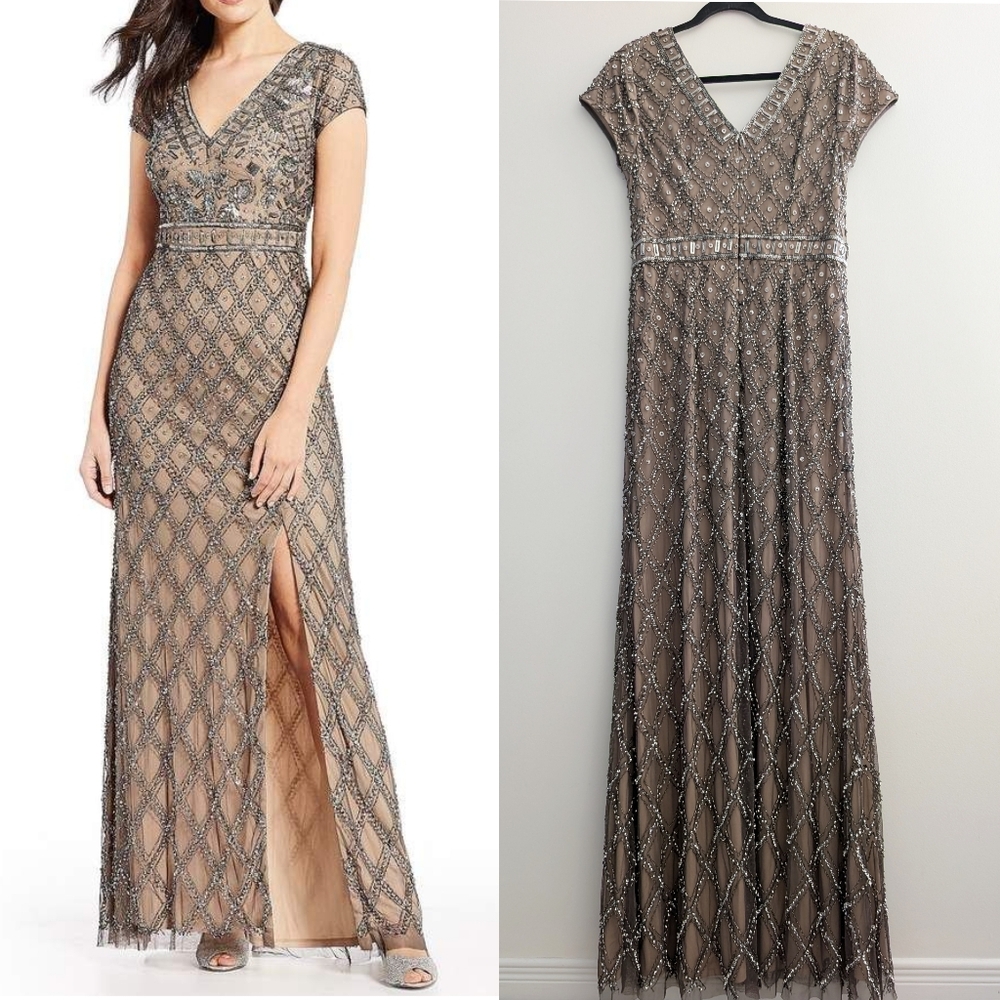 Adrianna Papell Beaded V Neck Evening Gown Wedding in Grey & Pink
